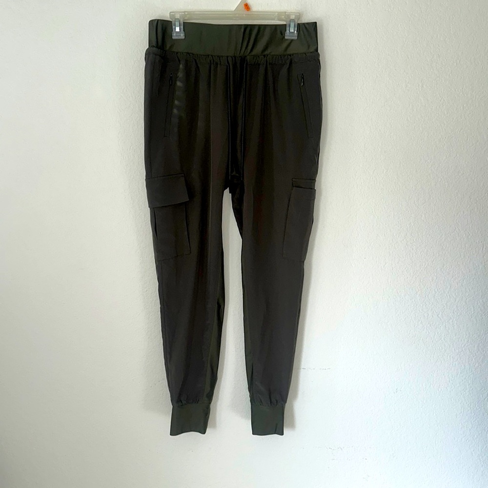 Cute Olive Green Silky Joggers with Multiple Pockets Size Medium